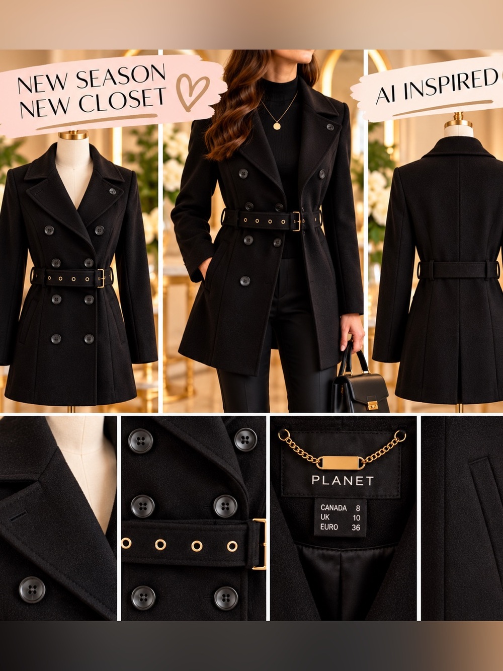 PLANET Black Double-Breasted Belted Coat | Knee Length | Size 8